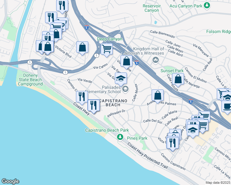 map of restaurants, bars, coffee shops, grocery stores, and more near 26435 Via Sacramento in Dana Point