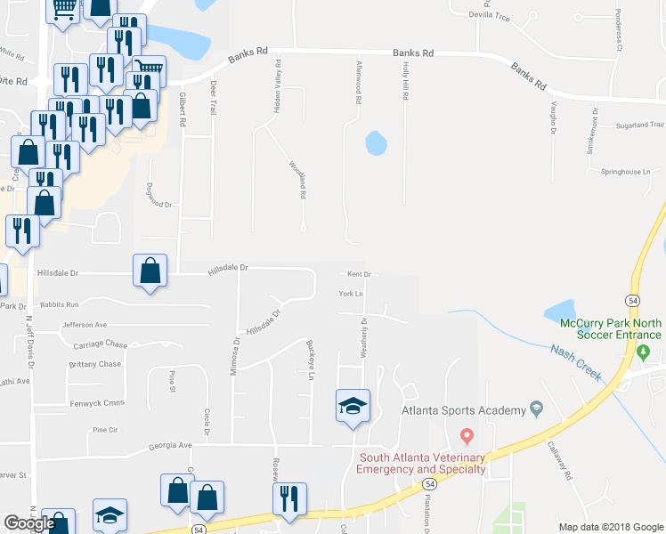 map of restaurants, bars, coffee shops, grocery stores, and more near 205 Kent Drive in Fayetteville