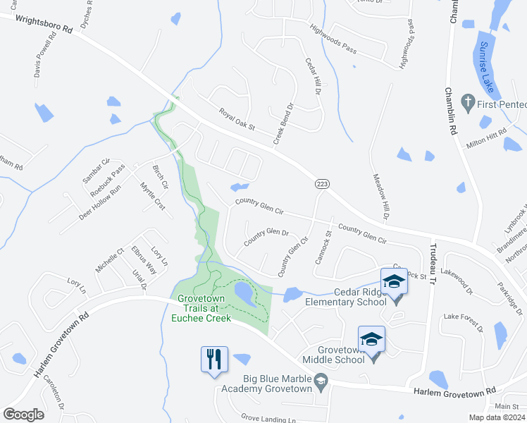 map of restaurants, bars, coffee shops, grocery stores, and more near 4531 Country Glen Circle in Grovetown
