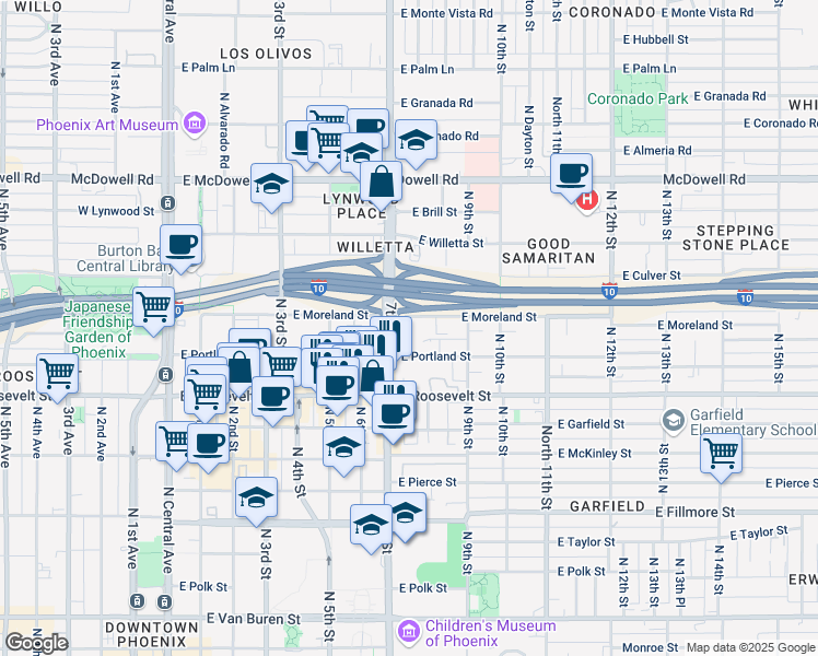 map of restaurants, bars, coffee shops, grocery stores, and more near 1111 North 7th Street in Phoenix