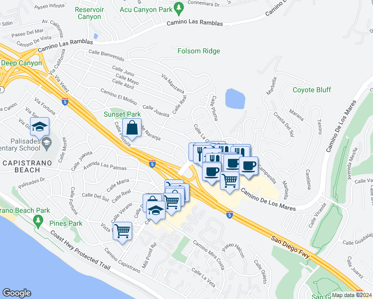 map of restaurants, bars, coffee shops, grocery stores, and more near 34572 Calle Naranja in Dana Point