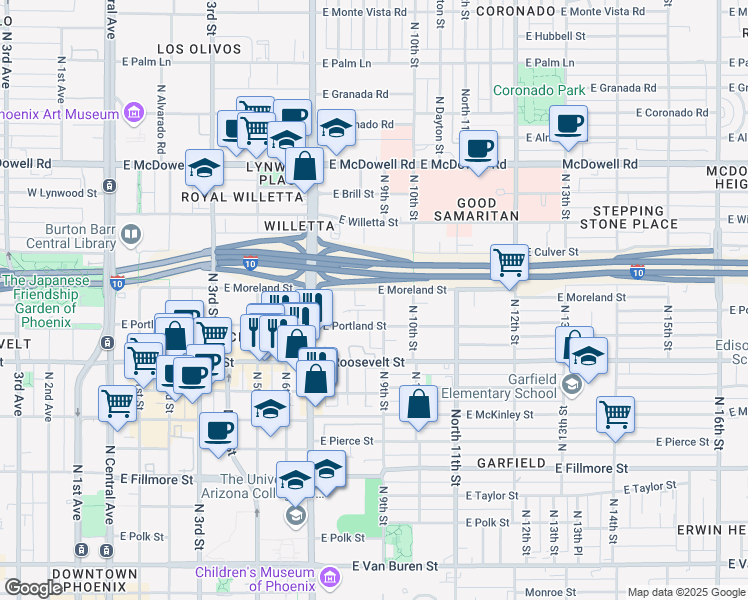 map of restaurants, bars, coffee shops, grocery stores, and more near 763 East Moreland Street in Phoenix