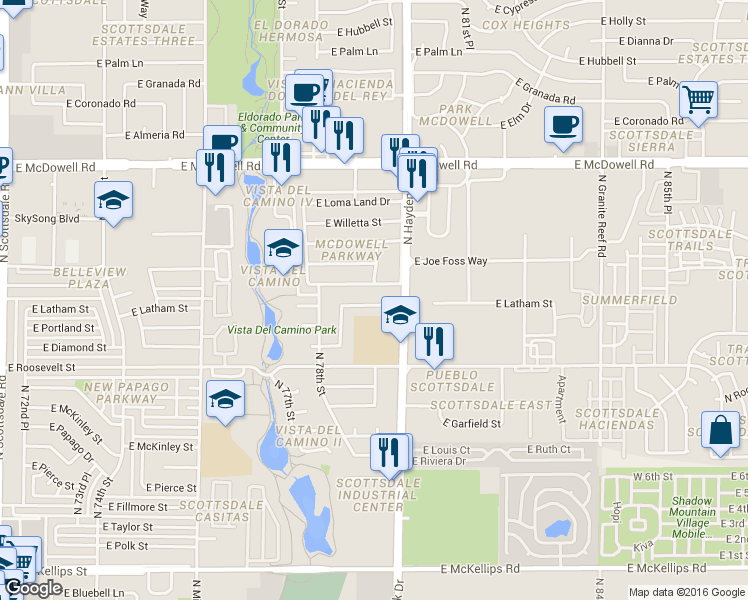map of restaurants, bars, coffee shops, grocery stores, and more near 7907 East Latham Street in Scottsdale