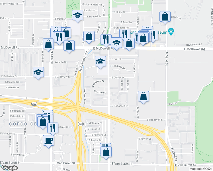 map of restaurants, bars, coffee shops, grocery stores, and more near 4753 East Moreland Street in Phoenix