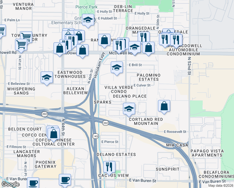 map of restaurants, bars, coffee shops, grocery stores, and more near 4753 East Moreland Street in Phoenix