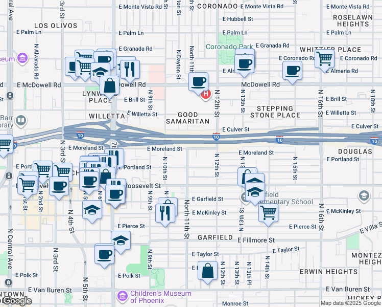 map of restaurants, bars, coffee shops, grocery stores, and more near 1118 North 11th Street in Phoenix