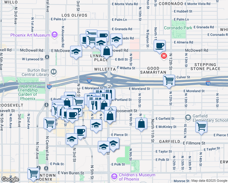 map of restaurants, bars, coffee shops, grocery stores, and more near 1111 North 7th Street in Phoenix
