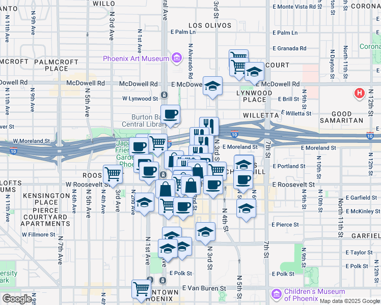 map of restaurants, bars, coffee shops, grocery stores, and more near 206 East Portland Street in Phoenix