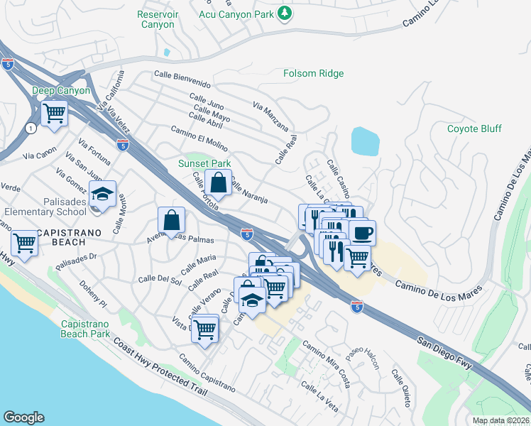 map of restaurants, bars, coffee shops, grocery stores, and more near 34578 Calle Portola in Dana Point