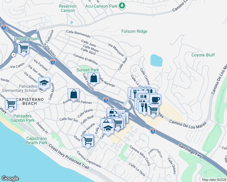 map of restaurants, bars, coffee shops, grocery stores, and more near 34582 Calle Portola in Dana Point