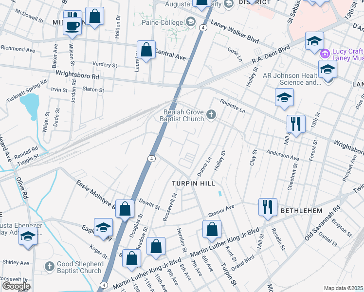 map of restaurants, bars, coffee shops, grocery stores, and more near 1657-1699 Bleakley St in Augusta
