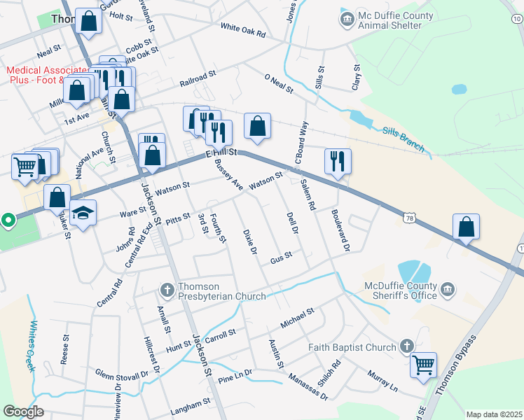 map of restaurants, bars, coffee shops, grocery stores, and more near 444 Bussey Avenue in Thomson