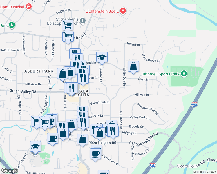 map of restaurants, bars, coffee shops, grocery stores, and more near 3969 Bearden Drive in Vestavia Hills