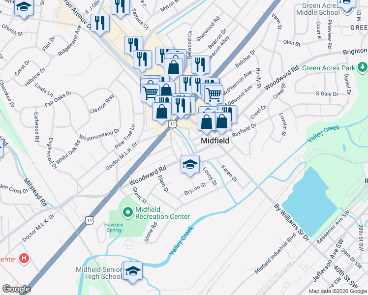 map of restaurants, bars, coffee shops, grocery stores, and more near 147 Brookwood Road East in Birmingham