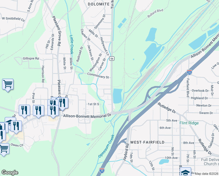 map of restaurants, bars, coffee shops, grocery stores, and more near 1665 Tin Mill Road in Birmingham