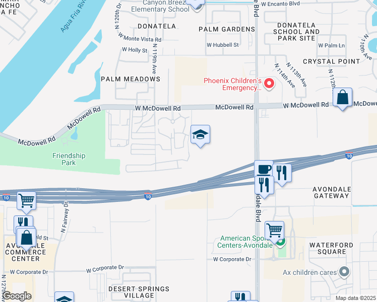 map of restaurants, bars, coffee shops, grocery stores, and more near North 117th Avenue in Avondale