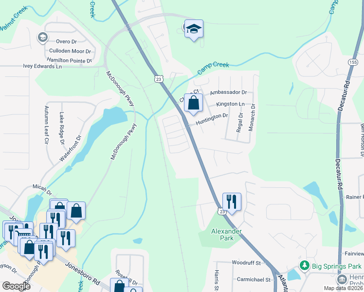 map of restaurants, bars, coffee shops, grocery stores, and more near 1317 Bass Lane in McDonough