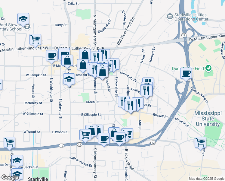 map of restaurants, bars, coffee shops, grocery stores, and more near 600 Hogan Street in Starkville