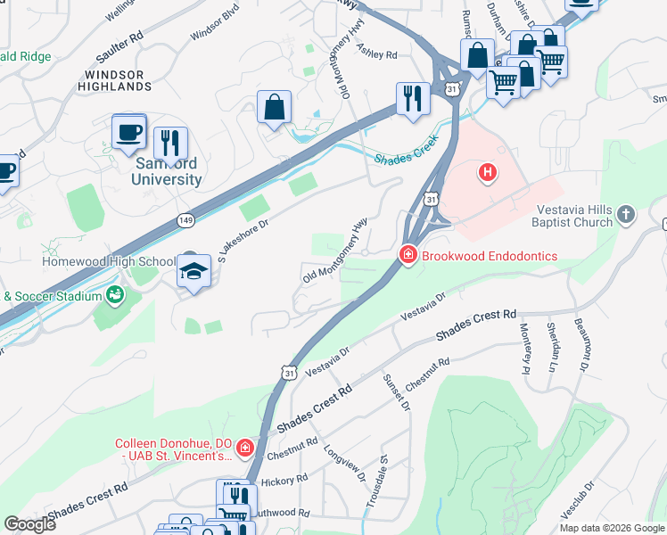 map of restaurants, bars, coffee shops, grocery stores, and more near 179 Old Montgomery Highway in Birmingham