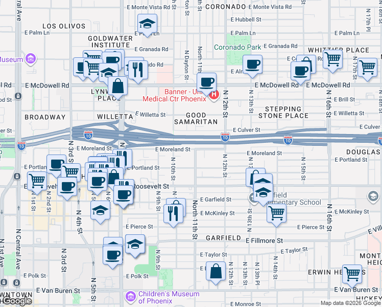 map of restaurants, bars, coffee shops, grocery stores, and more near 1118 North 11th Street in Phoenix