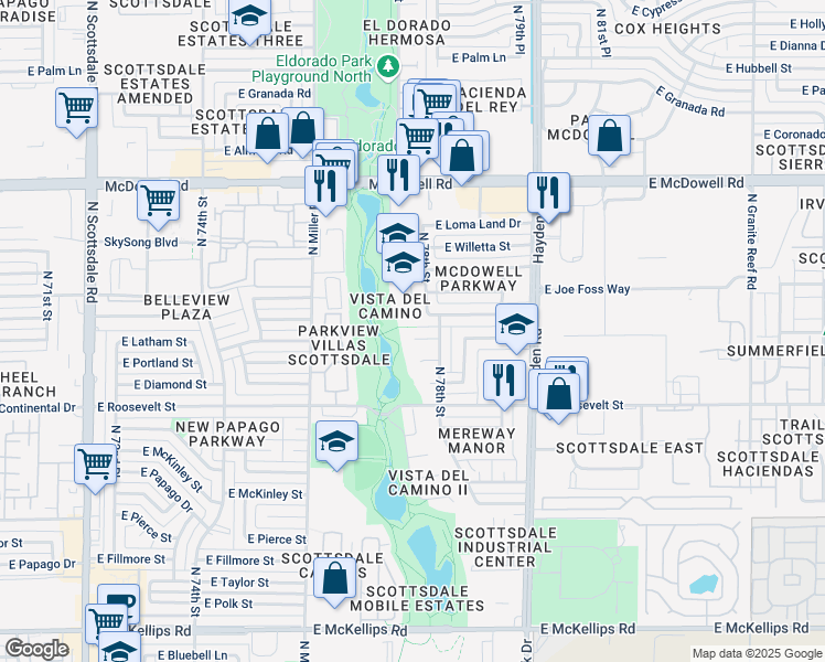 map of restaurants, bars, coffee shops, grocery stores, and more near 7729 East Latham Street in Scottsdale