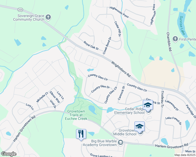 map of restaurants, bars, coffee shops, grocery stores, and more near 517 Country Glen Drive in Grovetown