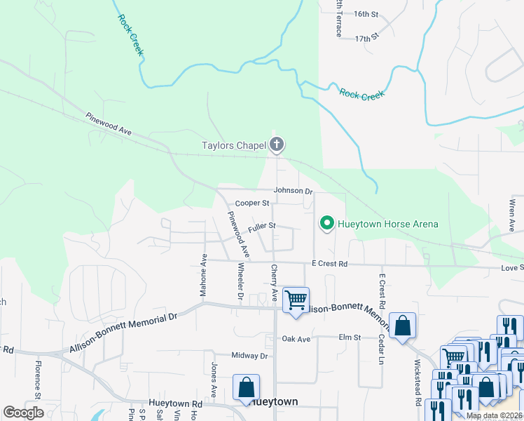 map of restaurants, bars, coffee shops, grocery stores, and more near 124 Cooper Street in Hueytown
