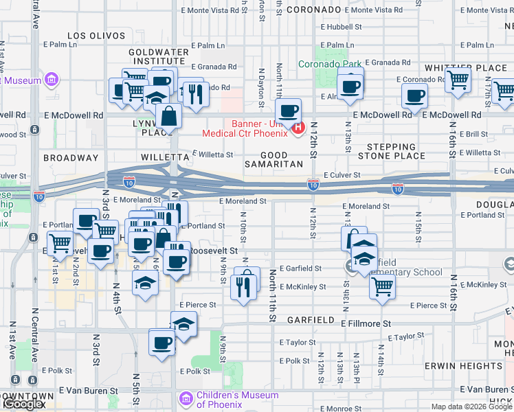 map of restaurants, bars, coffee shops, grocery stores, and more near 1115 North 10th Street in Phoenix