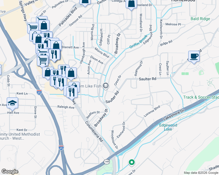 map of restaurants, bars, coffee shops, grocery stores, and more near 912 Saulter Road in Birmingham