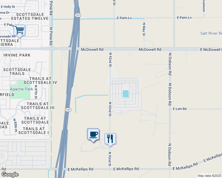 map of restaurants, bars, coffee shops, grocery stores, and more near 1149 North 92nd Street in Scottsdale