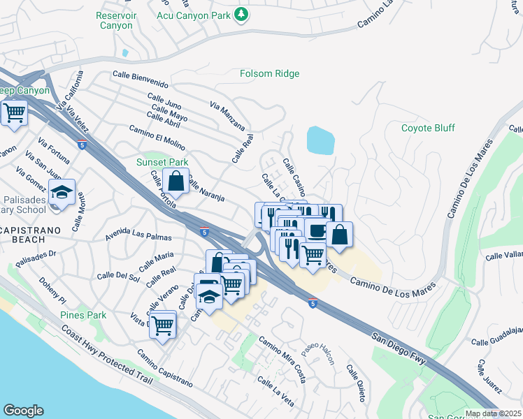 map of restaurants, bars, coffee shops, grocery stores, and more near 34555 Camino El Molino in Dana Point