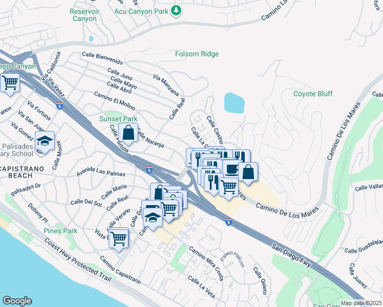 map of restaurants, bars, coffee shops, grocery stores, and more near 34555 Camino El Molino in Dana Point