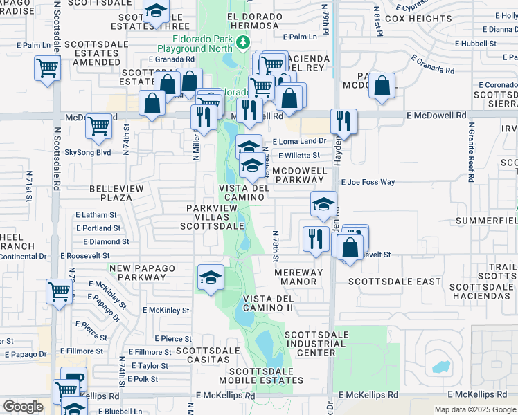map of restaurants, bars, coffee shops, grocery stores, and more near 7729 East Latham Street in Scottsdale