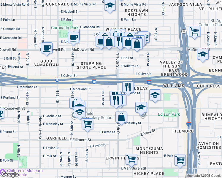 map of restaurants, bars, coffee shops, grocery stores, and more near 1533 East Portland Street in Phoenix