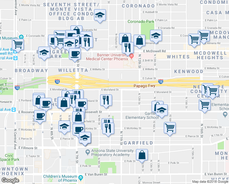 map of restaurants, bars, coffee shops, grocery stores, and more near 1115 North 10th Street in Phoenix