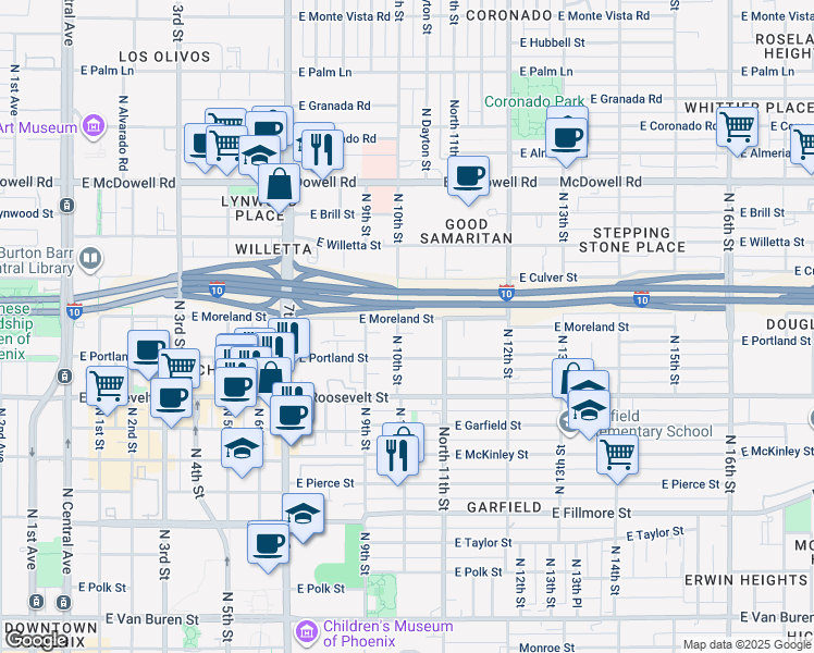 map of restaurants, bars, coffee shops, grocery stores, and more near 1115 North 10th Street in Phoenix