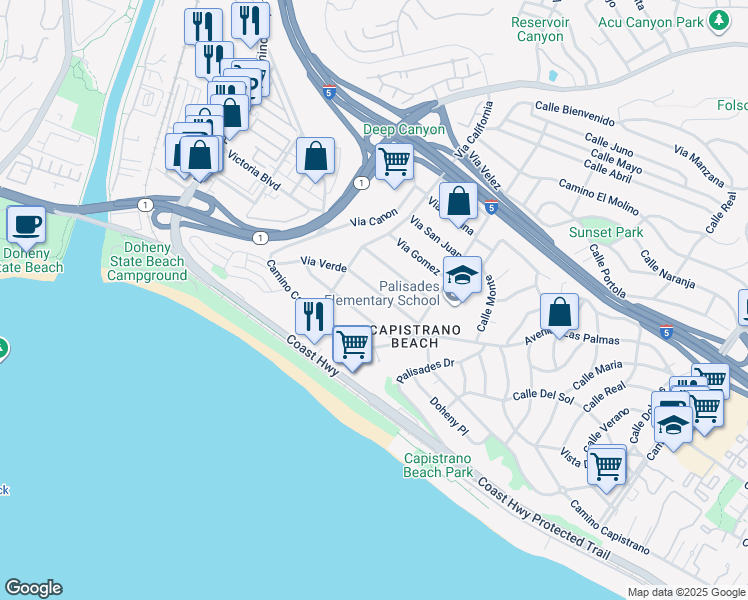 map of restaurants, bars, coffee shops, grocery stores, and more near 34626 Via Catalina in Dana Point