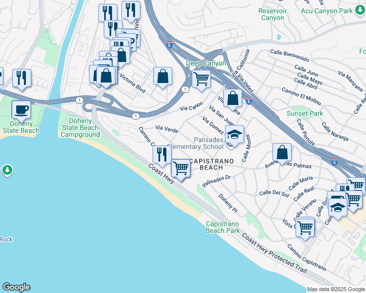 map of restaurants, bars, coffee shops, grocery stores, and more near 34575 Via Catalina in Dana Point