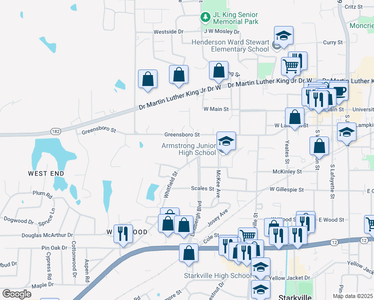 map of restaurants, bars, coffee shops, grocery stores, and more near 530 Whitfield Street in Starkville