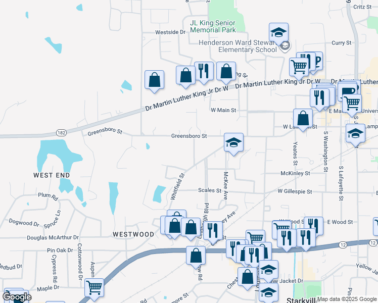 map of restaurants, bars, coffee shops, grocery stores, and more near 606 Whitfield Street in Starkville
