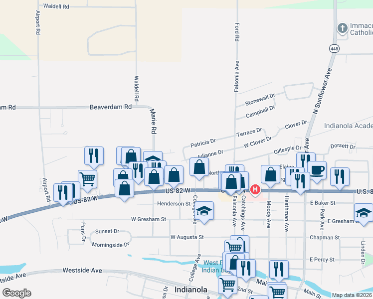 map of restaurants, bars, coffee shops, grocery stores, and more near 201-299 Patricia Dr in Indianola