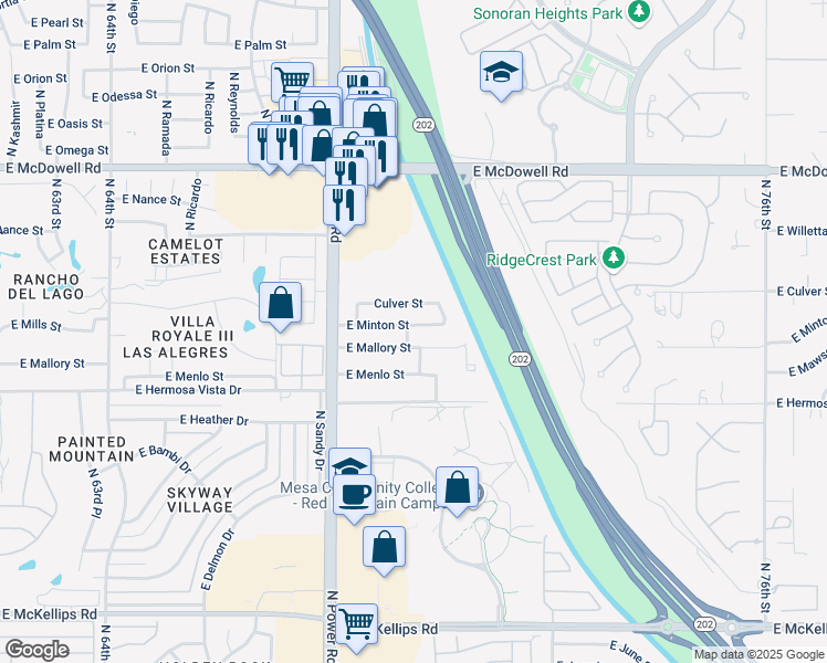 map of restaurants, bars, coffee shops, grocery stores, and more near 2505 North Lennox Road in Mesa
