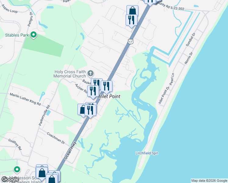 map of restaurants, bars, coffee shops, grocery stores, and more near 168 Windy Lane in Pawleys Island