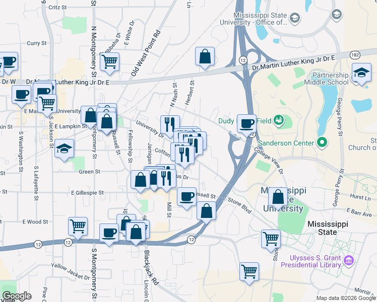 map of restaurants, bars, coffee shops, grocery stores, and more near 705 University Drive in Starkville