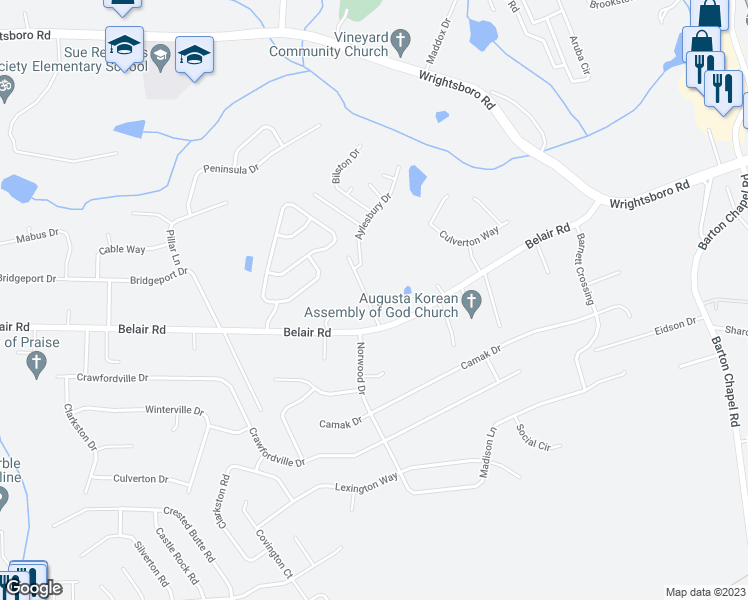 map of restaurants, bars, coffee shops, grocery stores, and more near 2811 Burdette Drive in Augusta