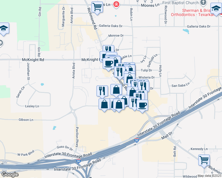 map of restaurants, bars, coffee shops, grocery stores, and more near 2815 Richmond Road in Texarkana