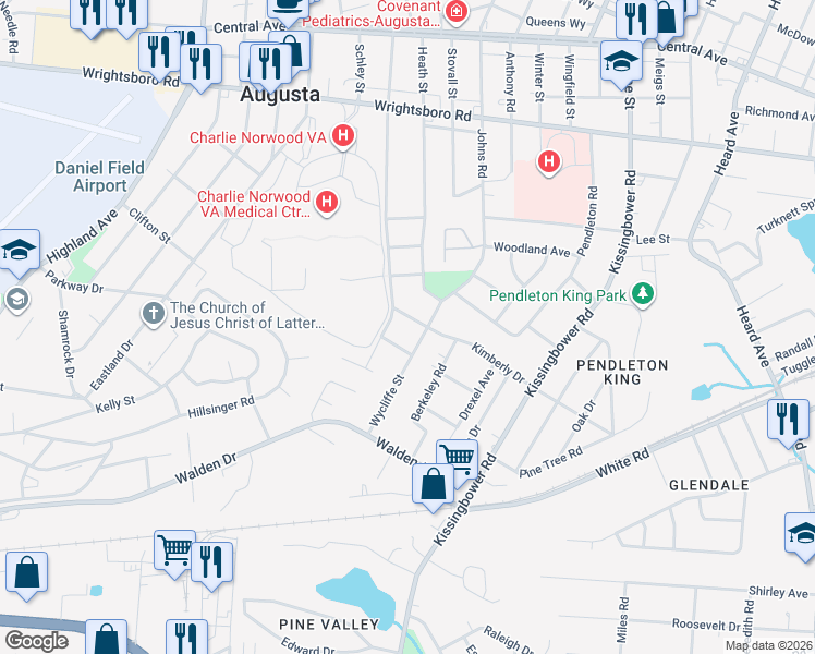 map of restaurants, bars, coffee shops, grocery stores, and more near 2306 Kimberly Drive in Augusta