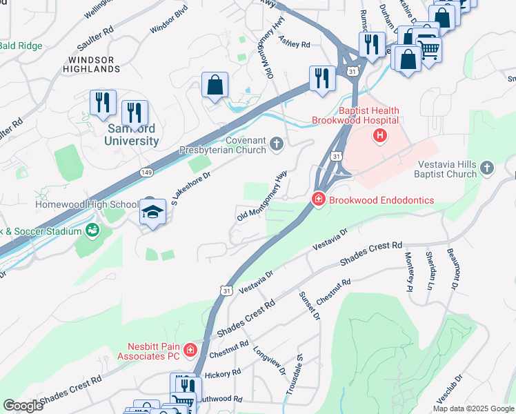 map of restaurants, bars, coffee shops, grocery stores, and more near 1909 Shades Cliff Terrace in Birmingham