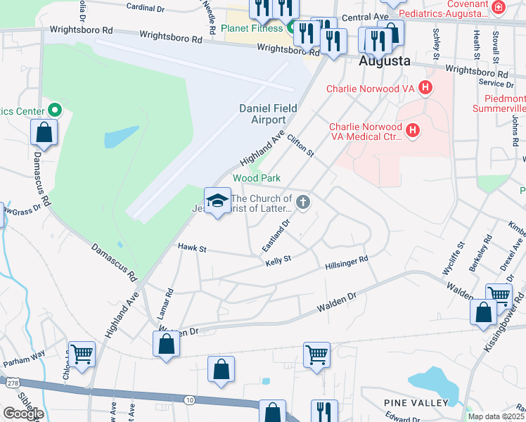 map of restaurants, bars, coffee shops, grocery stores, and more near 2119 Eastland Drive in Augusta
