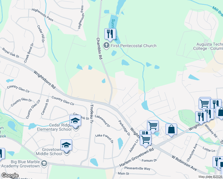 map of restaurants, bars, coffee shops, grocery stores, and more near 770 Chamblin Rd in Grovetown